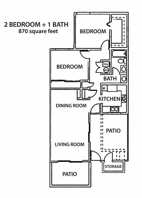 Floor plan for 2 beds, 1 bath, 870 sqft